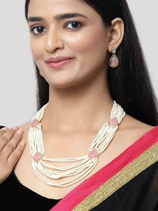 Karatcart Pink Carved Stone Studded Pearl Beaded Rani Haar Necklace Set for Women PRODUCT CODE (OS0006709)