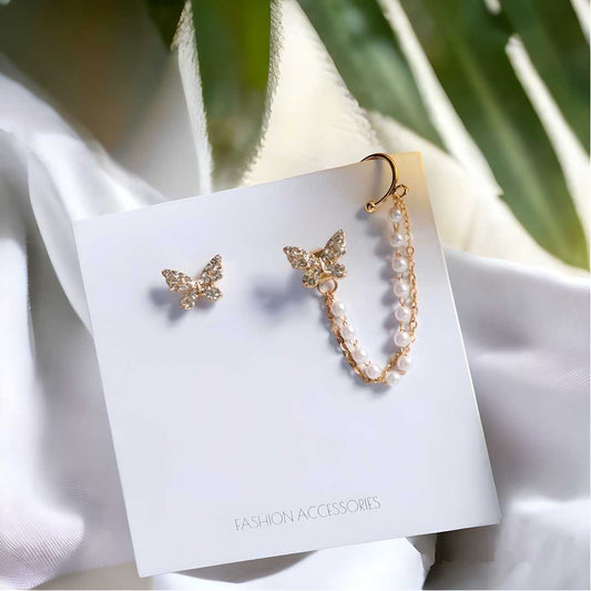 AVR JEWELS High sense of asymmetric butterfly pearl ear bone clip earrings all-in-one female super fairy tassel earrings PRODUCT CODE (OS0006788)