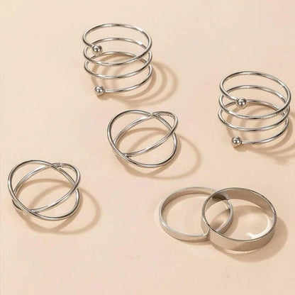 Silver Color Round Hollow Geometric Fashion Cross Twist Open Ring Set Joint (6Pcs) PRODUCT CODE (OS0006725)