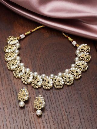 Karatcart Gold Plated Peacock Design Kundan and Pearl Choker Necklace Set for Women PRODUCT CODE (OS0006766)