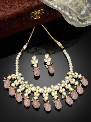 Karatcart Gold Plated Pink Tumble and Pearl Studded Kundan Necklace Set PRODUCT CODE (OS0006713)