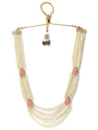 Karatcart Pink Carved Stone Studded Pearl Beaded Rani Haar Necklace Set for Women PRODUCT CODE (OS0006709)