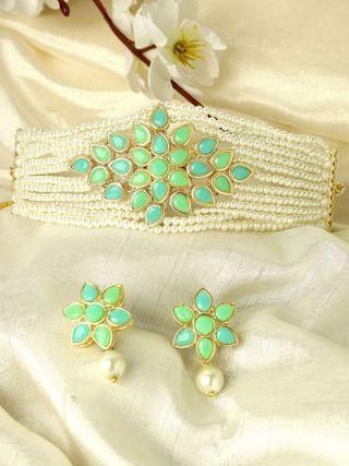 Karatcart Gold Plated Pearl Beaded Light Blue and Light Green Kundan Stone Choker Necklace Set PRODUCT CODE (OS0006765)