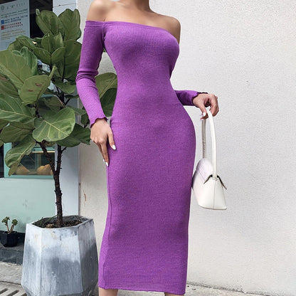 Slim-fit Knit Long-sleeved Dress With Hip-length Skirt