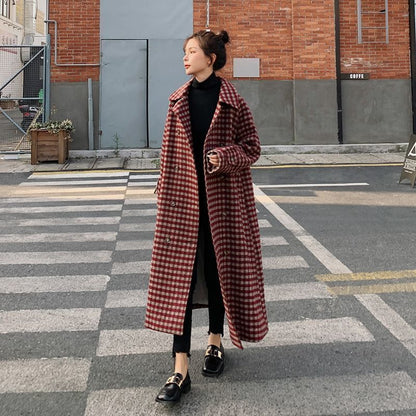 Fashion Plaid Woolen Coat Women's Mid-length Loose Waist Waist Popular