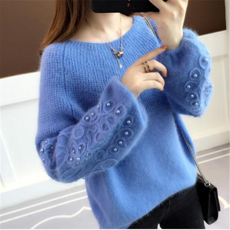 Thick Women's Short Disc Flower Beaded Knitted Bottoming Shirt With Sweet Sweater Outside