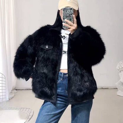 Leather Women's Motorcycle Coat Winter Faux Fox Fur Coat Slim Fit Fur One