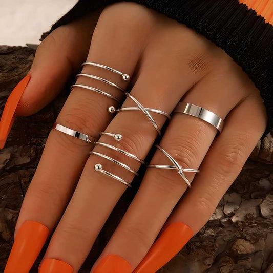 Silver Color Round Hollow Geometric Fashion Cross Twist Open Ring Set Joint (6Pcs) PRODUCT CODE (OS0006725)