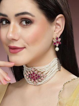 Karatcart Gold Plated Pearl Beaded Royal Pink and Baby Pink Kundan Stone Choker Necklace Set PRODUCT CODE (OS0006774)