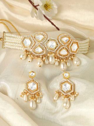 Karatcart Pearl Beaded Polki Kundan Choker Necklace Set for Women PRODUCT CODE (OS0006769)