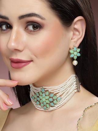 Karatcart Gold Plated Pearl Beaded Light Blue and Light Green Kundan Stone Choker Necklace Set PRODUCT CODE (OS0006765)