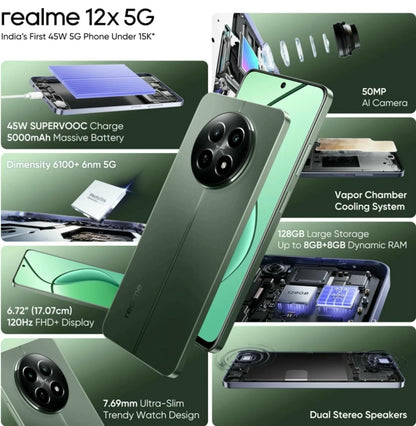 realme 12x 5G (Woodland Green, 6GB RAM, 128GB Storage) | Upto 12GB (6+6GB) Dynamic RAM | Dimensity 6100+ Processor | 50 MP AI Camera | 7.69 mm Ultra-Slim Trendy Watch Design | 45 W SUPERVOOC Charge PRODUCT CODE (OS00015005)