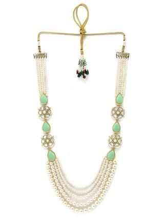 Karatcart Pearl Beaded Light Green Carved Stone Kundan Rani Haar Necklace Set for Women PRODUCT CODE (OS0006771)