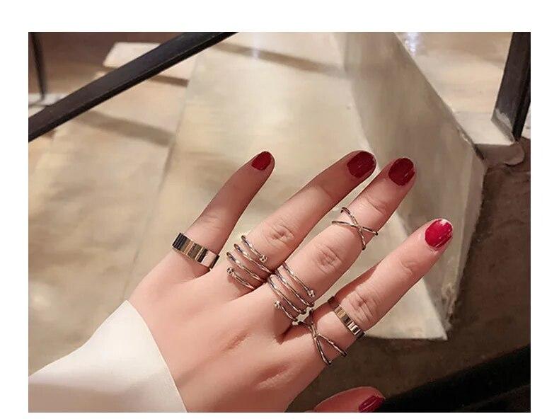 Silver Color Round Hollow Geometric Fashion Cross Twist Open Ring Set Joint (6Pcs) PRODUCT CODE (OS0006725)