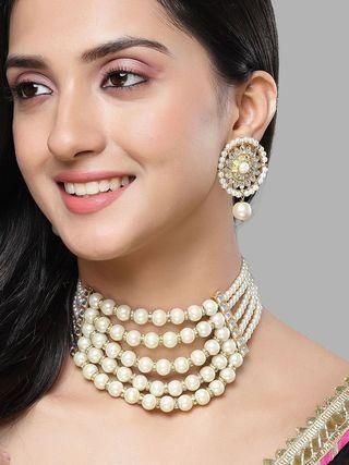 Karatcart Pearl Multilayer Beaded Kundan Choker Necklace Set for Women PRODUCT CODE (OS0006764)