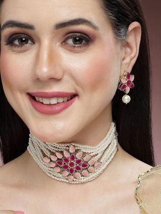 Karatcart Gold Plated Pearl Beaded Royal Pink and Baby Pink Kundan Stone Choker Necklace Set PRODUCT CODE (OS0006774)