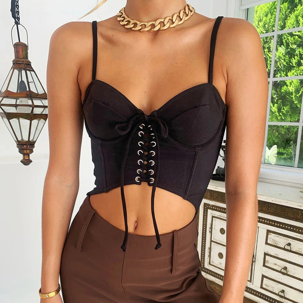 Pure Color Sling Halter Lace-up Short Camisole Blouse