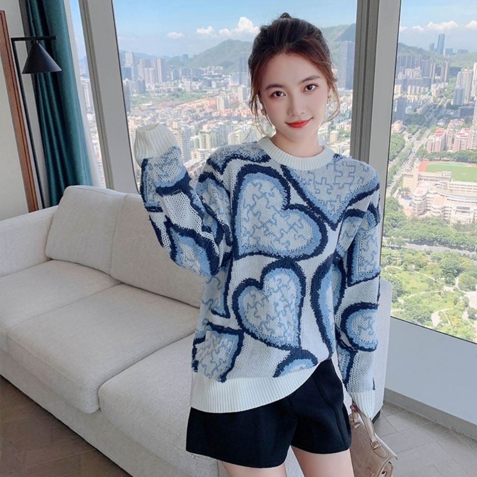 Fashion Jacquard Color Matching Knit Sweater Lazy Wind Blouse Women