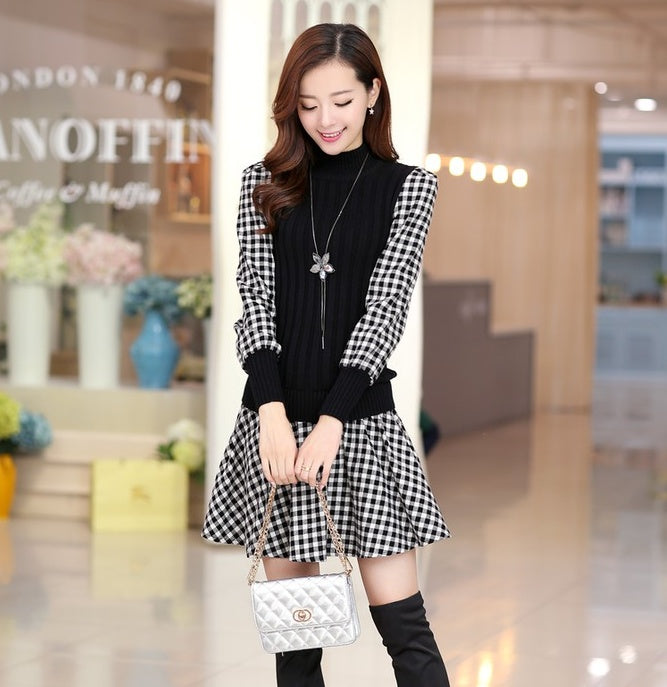 Slim Long-sleeved Plaid Bottoming Single Dress