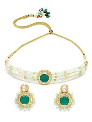 Karatcart Lime Green Beads and Pearl Beaded Green Polki Kundan Choker Necklace Set PRODUCT CODE (OS0006773)