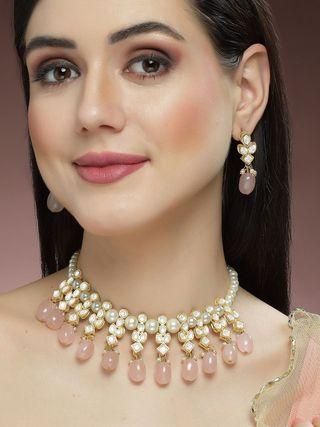 Karatcart Gold Plated Pink Tumble and Pearl Studded Kundan Necklace Set PRODUCT CODE (OS0006713)