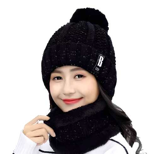 OS Women's  Winter Soft Warm 1 Set Snow Proof Ball Cap / Woolen Beanie Cap with Scarf PRODUCT CODE (OS0010070)