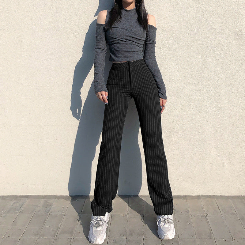 Fashion New Style Striped Suit Material Straight Leg Pants Women