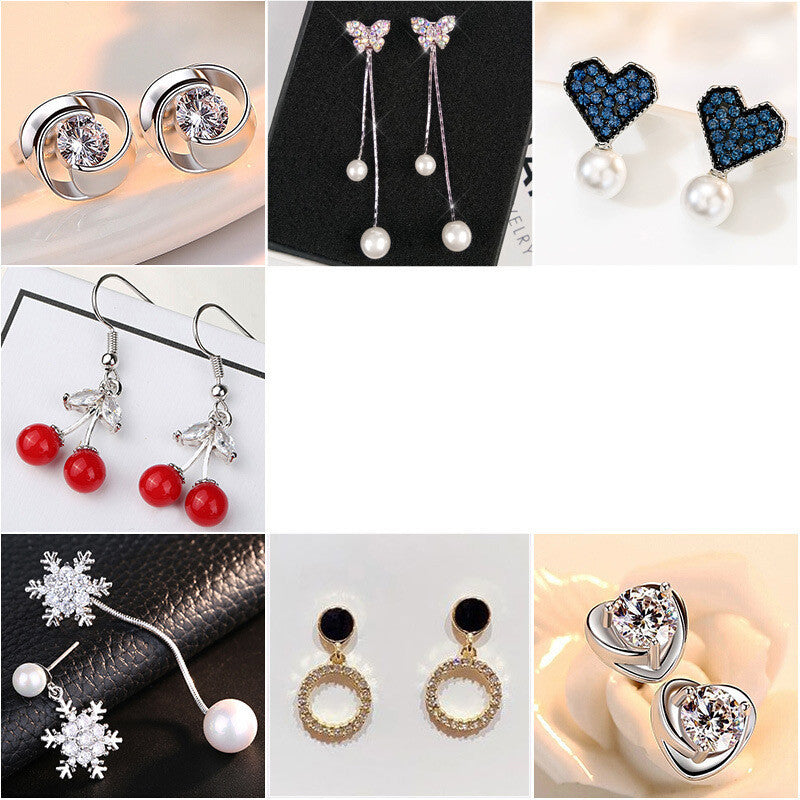 One Week Set S925 Silver Needle Snowflake Love Stud Earrings