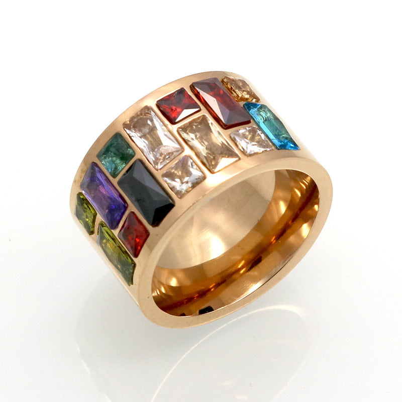 Fashion OL Colorful Ring Titanium Steel With Colored Diamonds