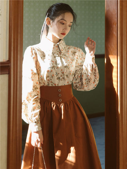 Women's Printed Shirt With High Waist Skirt Two-piece Suit