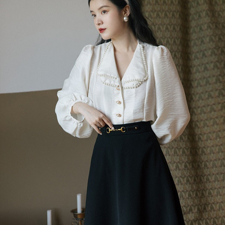 Fashion Pearl Collar Top Retro Skirt Two-piece Suit