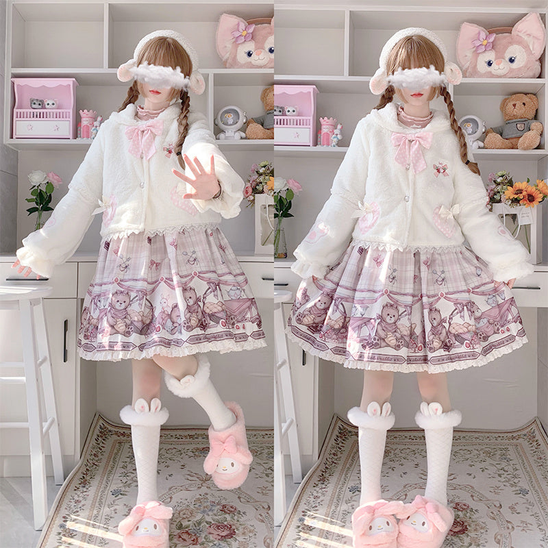 Cute Girl In Plush Rabbit Ear Short Coat