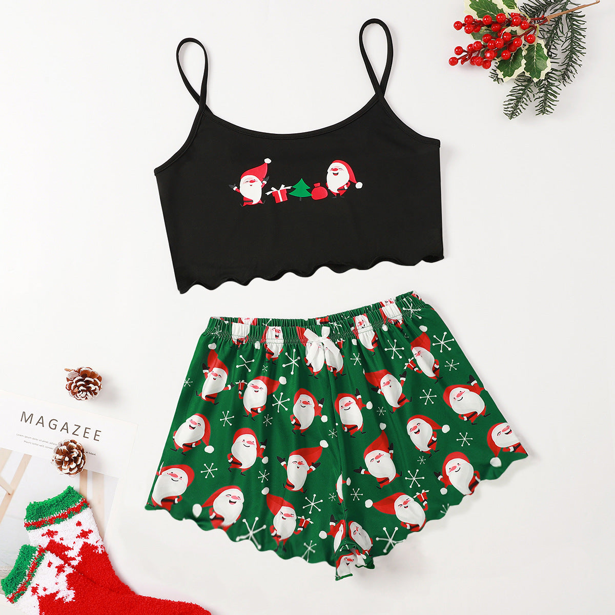 Christmas Print Suspender Top And Home Service Suit