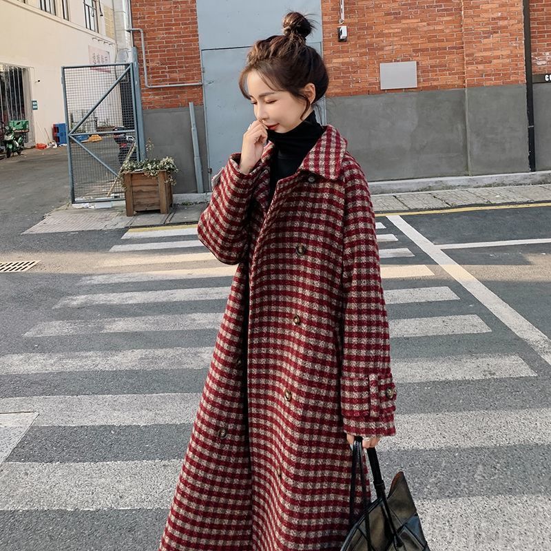 Fashion Plaid Woolen Coat Women's Mid-length Loose Waist Waist Popular