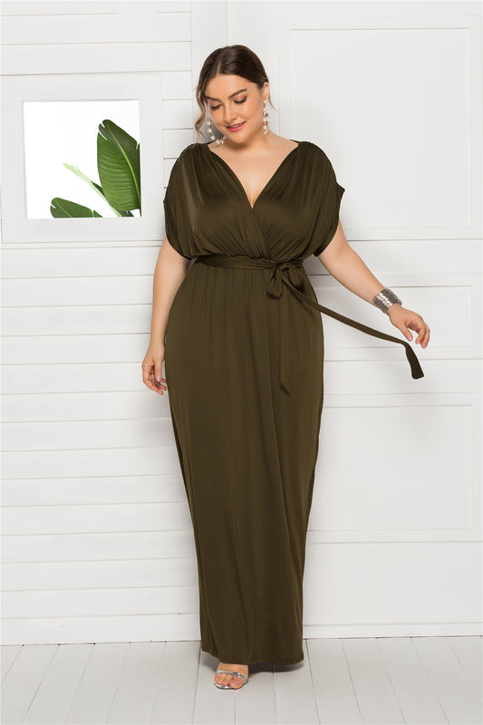 Plus Size Solid Color V-Neck Loose Swing Dress