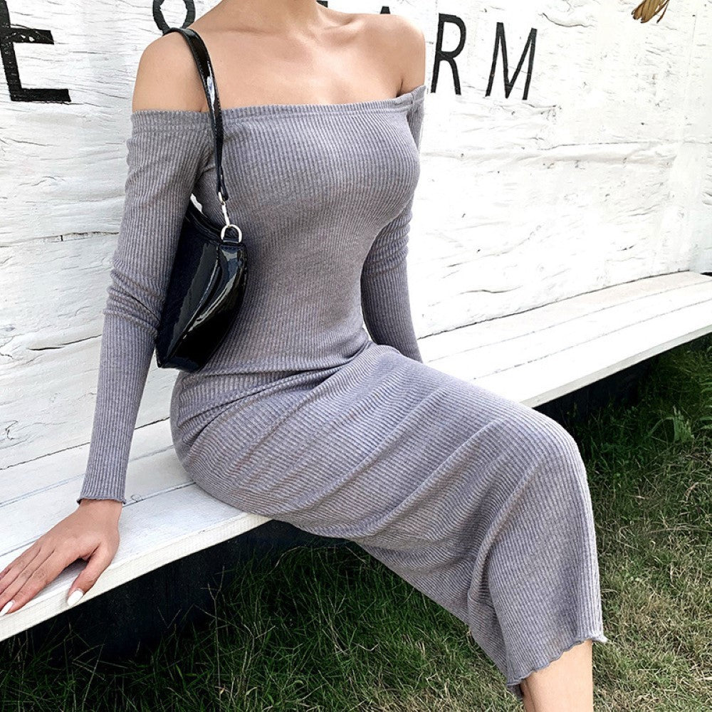 Slim-fit Knit Long-sleeved Dress With Hip-length Skirt