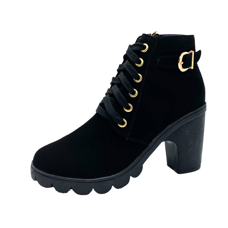 Metallic Belt Buckle Thick Heel Short Tube Martin Boots Women