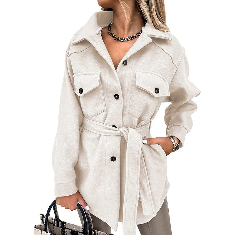 Autumn And Winter Ladies Lapel Tie Woolen Coat