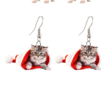 Chihuahua Christmas Hat Kitten Earrings Bells