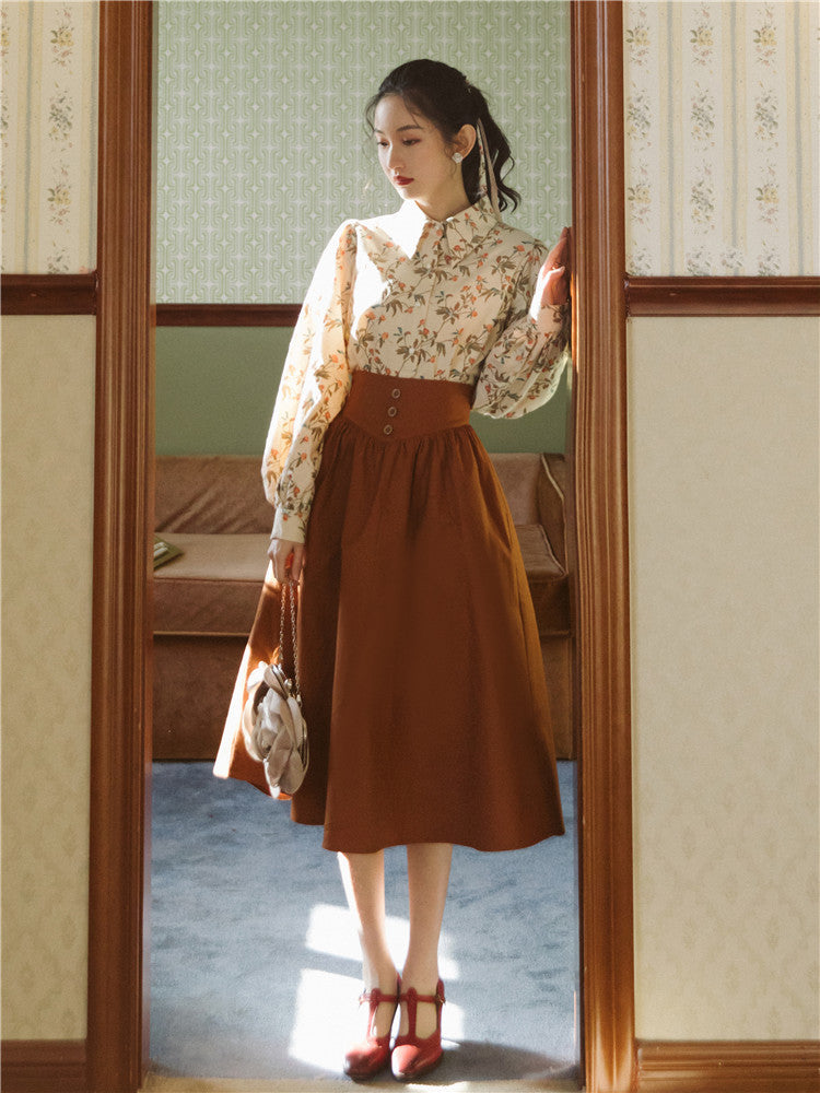 Women's Printed Shirt With High Waist Skirt Two-piece Suit