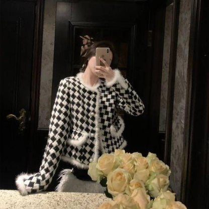 Ladies Style Checkerboard Plaid Cotton Short Coat Women