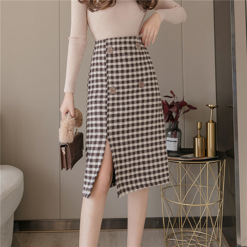 Woolen Plaid Mid-length Skirt High Waist Thinner One-step Split A-line