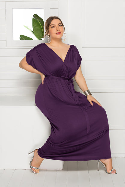 Plus Size Solid Color V-Neck Loose Swing Dress