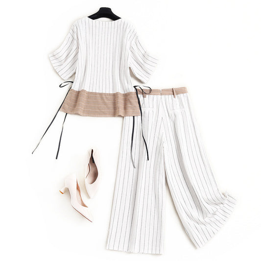 Two Fashionable Striped Casual Suit T-shirt Wide-leg Pants