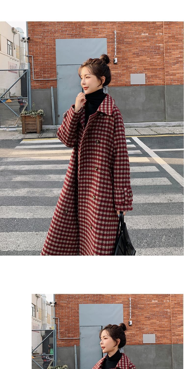 Fashion Plaid Woolen Coat Women's Mid-length Loose Waist Waist Popular