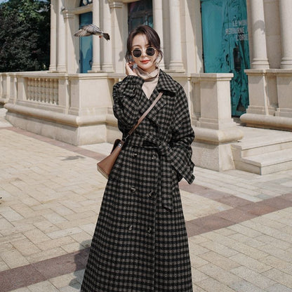 Fashion Plaid Woolen Coat Women's Mid-length Loose Waist Waist Popular