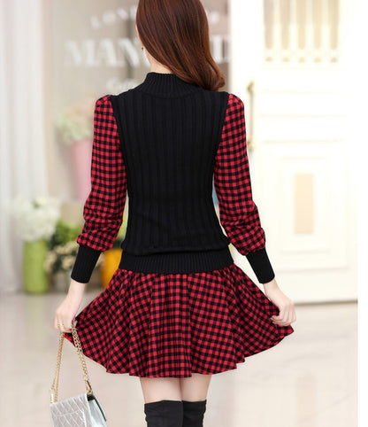 Slim Long-sleeved Plaid Bottoming Single Dress