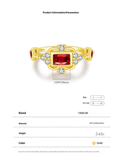 S925 Silver Light Luxury Advanced Pigeon Blood Red Colored Gems Garland Ring Fashion Design