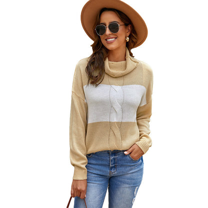 Contrasting Color Hollow Stitching Sweater Turtleneck Sweater Women