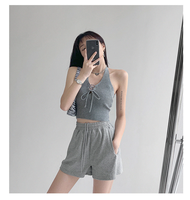 V-neck Lace-up Thread Knit Sling Tube Top